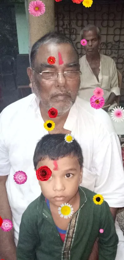 Two males in traditional attire with cultural markings.