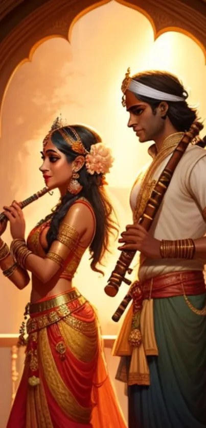 Two musicians in traditional attire playing flutes against a warm, cultural backdrop.