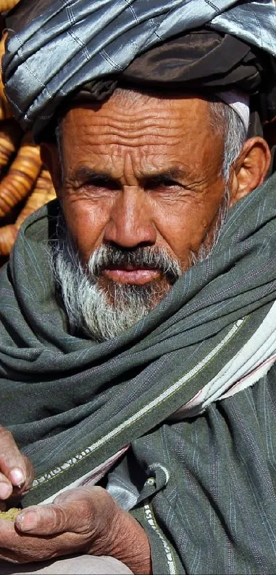 Man in traditional attire with textured background in mobile wallpaper.