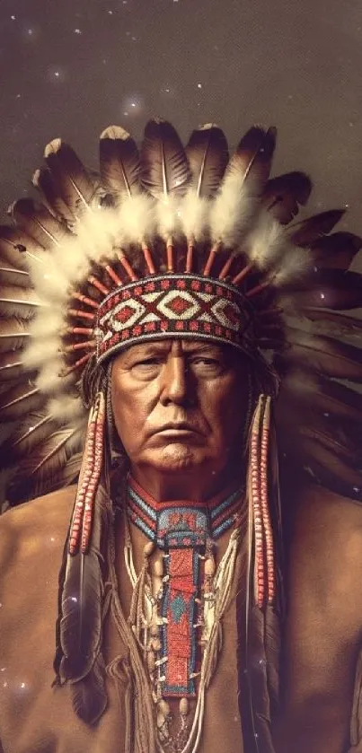 A person wearing a traditional headdress with feathers and detailed fabric.