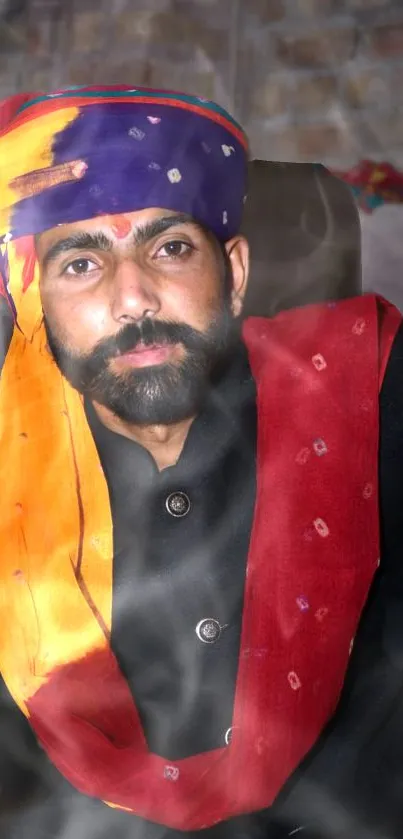 Man in vibrant traditional attire with colorful turban.