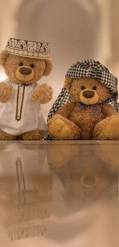 Two teddy bears in traditional attire with a beige background.