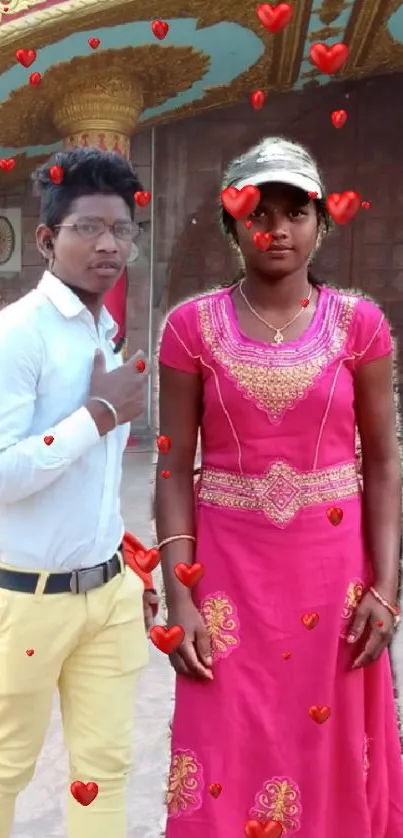 People in traditional attire with ornate architecture in the background.