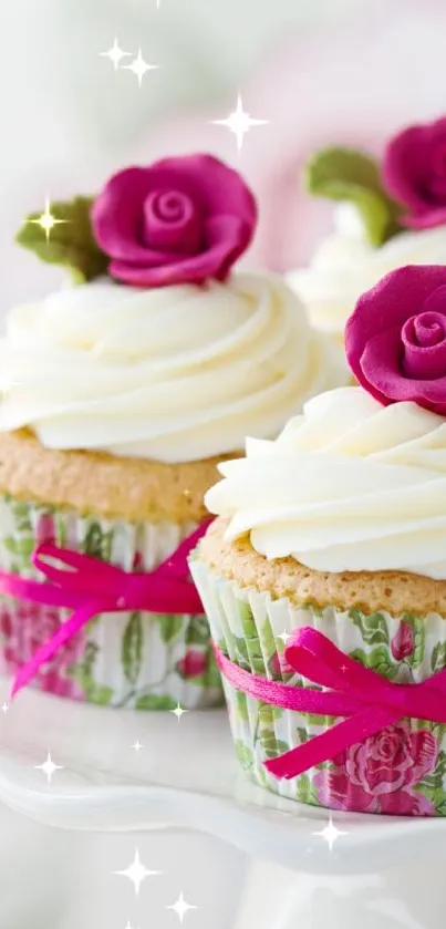 Cupcakes with pink roses and frosting on a stand.