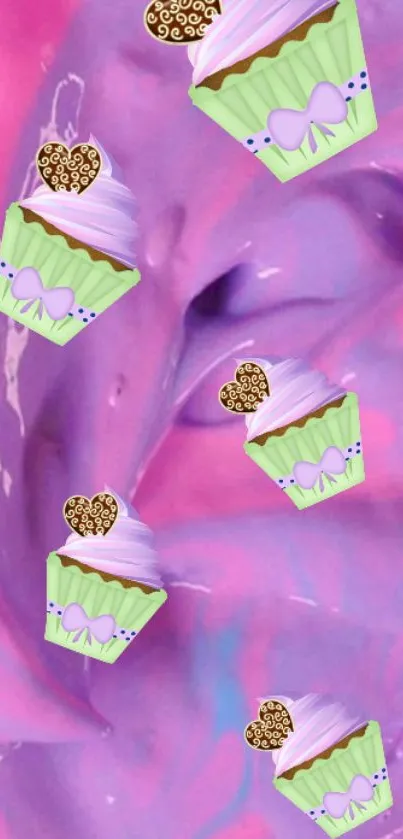 Whimsical pastel cupcakes on a purple swirl background.