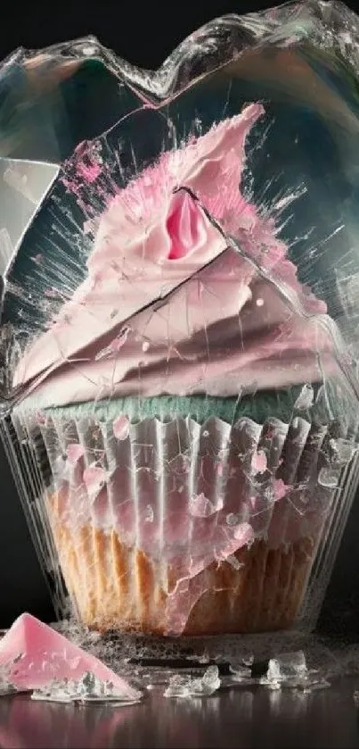 Pink cupcake encased in shattered glass art design.