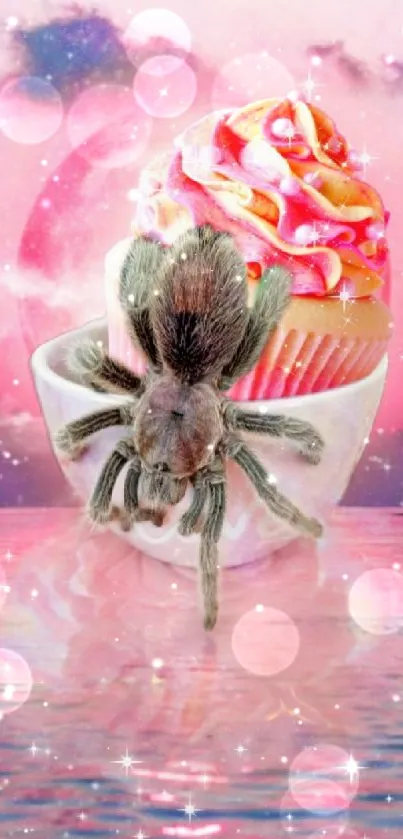 Fantasy scene with spider on a cupcake set against a pink sky and water.