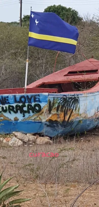 Curacao painted boat with island flag in nature