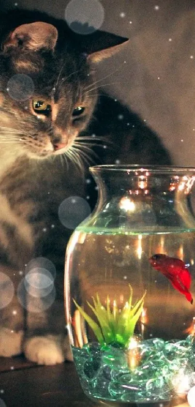 Curious cat watches a fish in a bowl, creating a serene and whimsical scene.