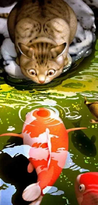 A cat observing colorful koi fish in a serene pond scene.