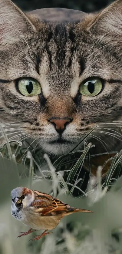 A vigilant tabby cat watches a sparrow in the grass, captured in stunning detail.