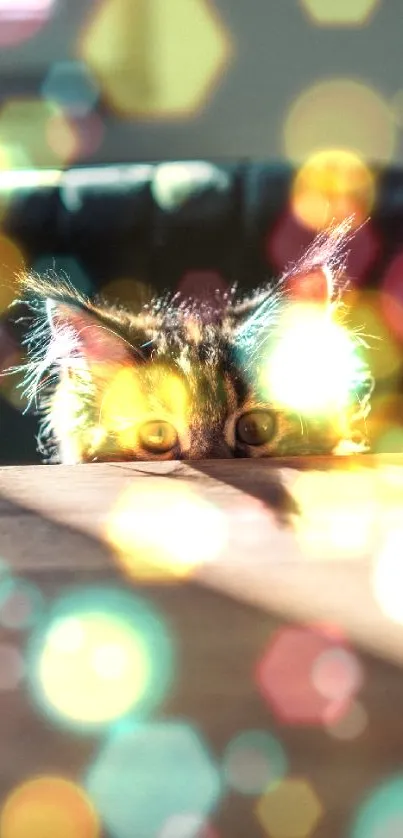 Curious cat peeking over a sunlit table.