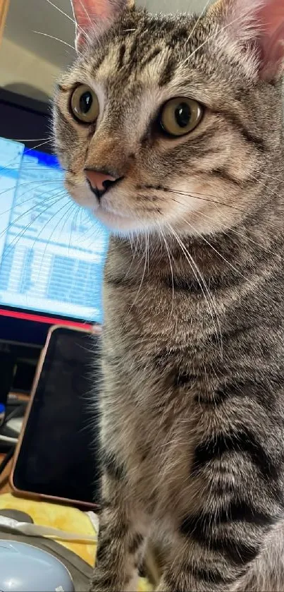 Curious cat looking at a computer screen on a desk.