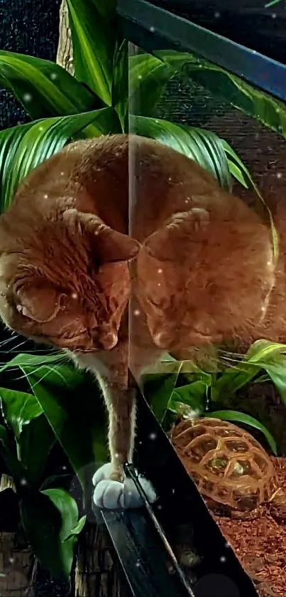 Curious cat reflecting by terrarium, surrounded by lush green leaves.