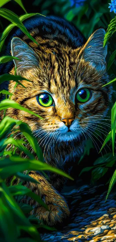 Curious tabby cat with green eyes peeking through lush foliage.