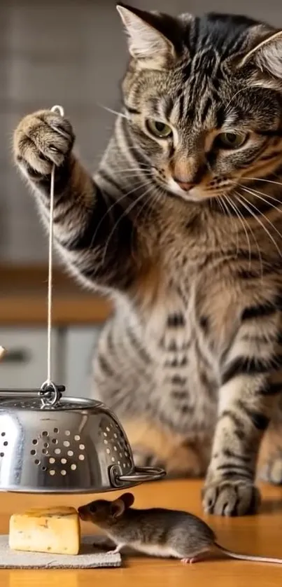 Cat interacting with a mouse trap and cheese on a table.