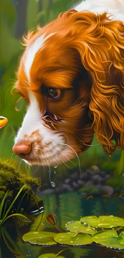 Dog and frog by a forest pond with detailed art.