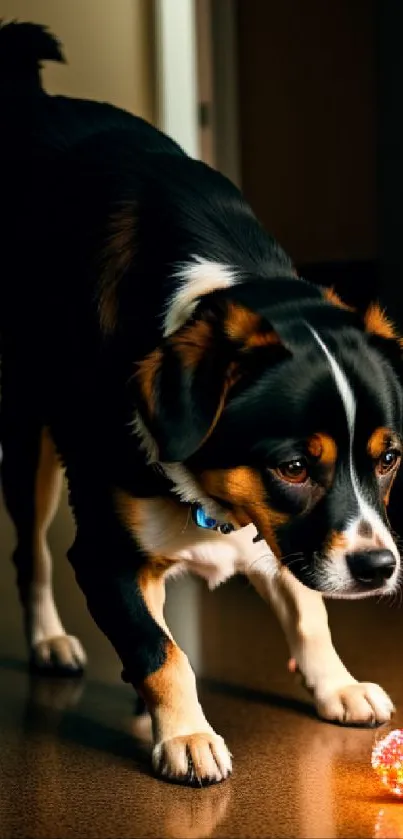 Curious dog fascinated by a glowing toy ball indoors.