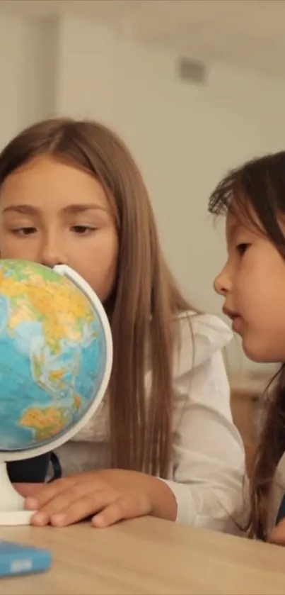 Two kids curiously exploring a globe in a classroom setting.