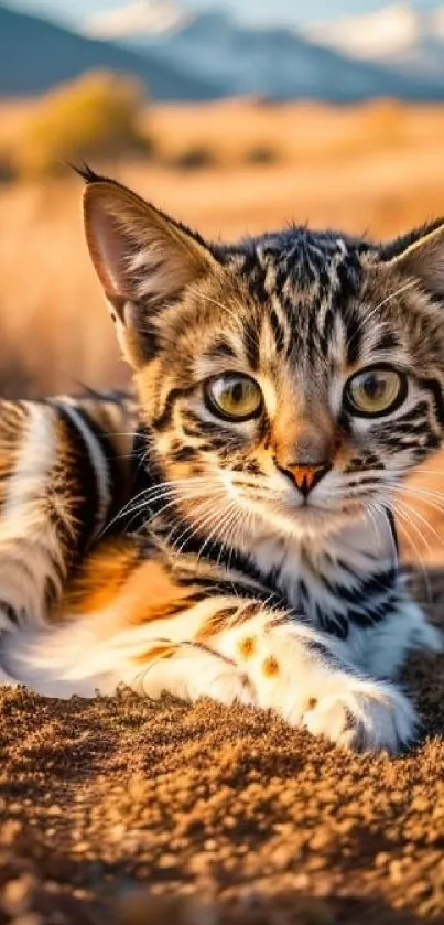 Curious kitten lounging in a sunlit, golden field with mountains in the background.