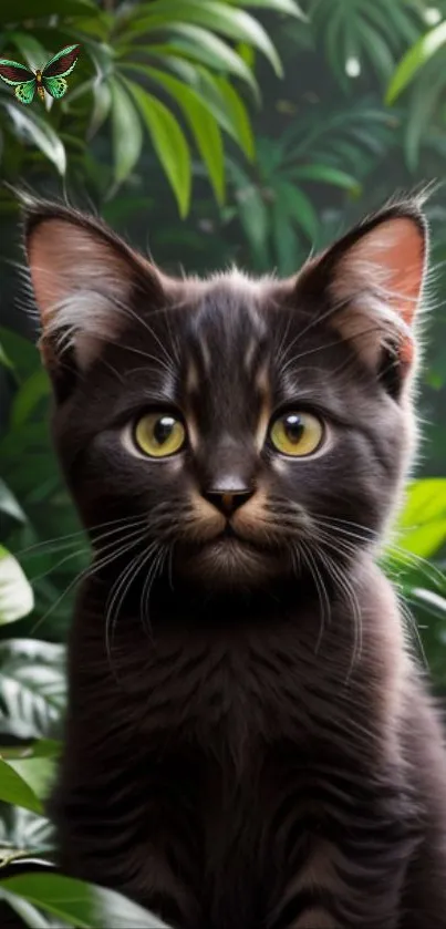 Adorable kitten surrounded by lush green jungle foliage.