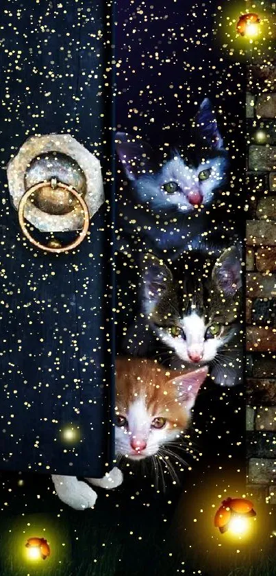 Kittens peek out from behind a door, illuminated by glowing fireflies.