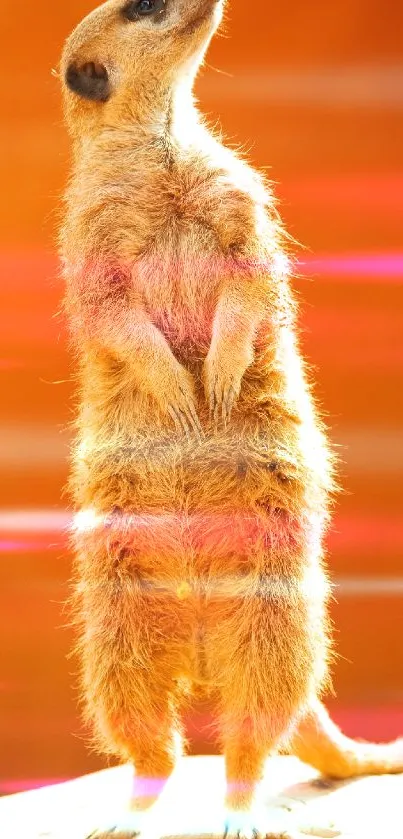 A curious meerkat standing tall on a bright orange background.