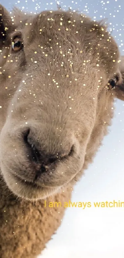 Curious sheep looking directly at the camera against a blue sky.