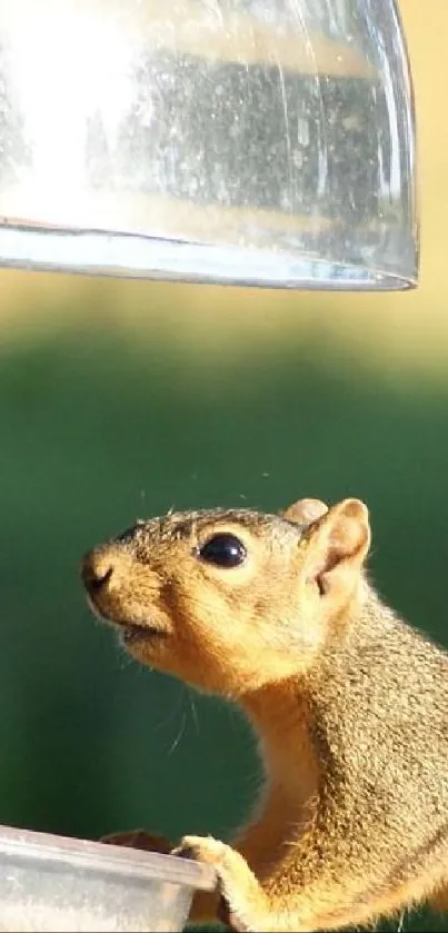 Squirrel reaching for feeder with a curious look.