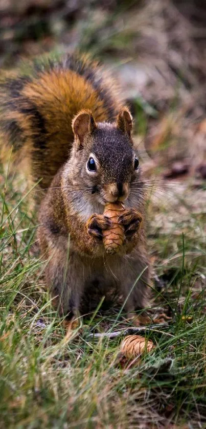 Curious squirrel holding a pine cone in a grassy forest setting.