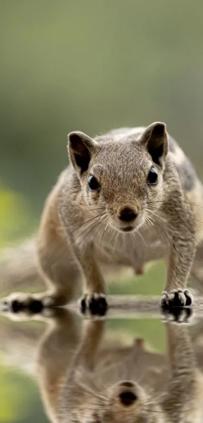 Curious squirrel reflected on a serene surface in nature.