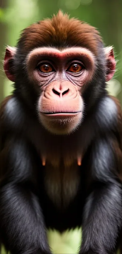 Young chimpanzee in forest setting, looking curious and alert.