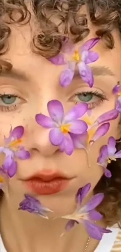 Face with curly hair adorned with purple flowers.