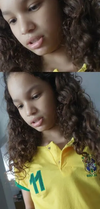 Young person in curly hair and Brazil shirt.