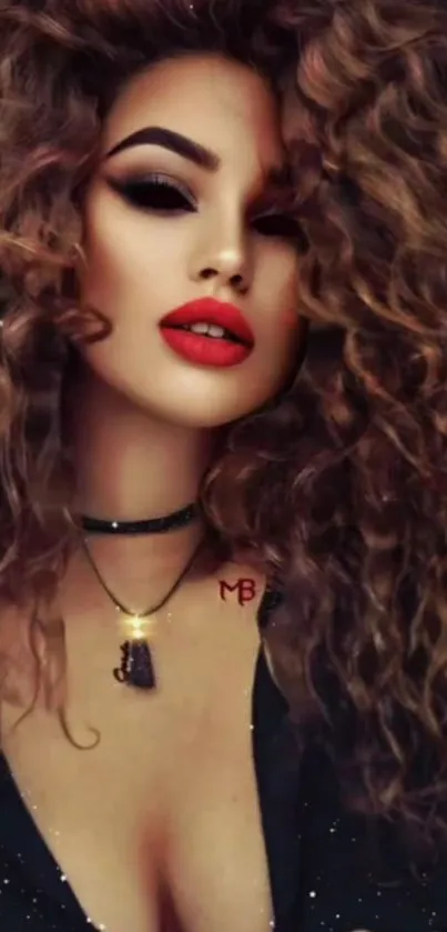 Glamorous woman with curly hair and red lips in a stylish portrait