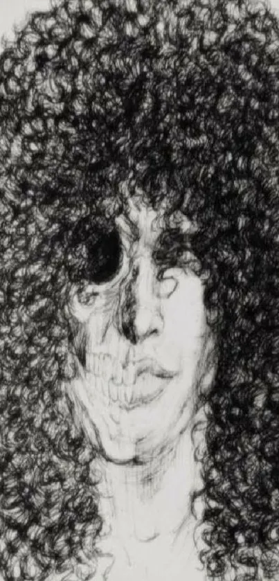 Intricate curly hair sketch with half-face skeleton in monochrome tones.