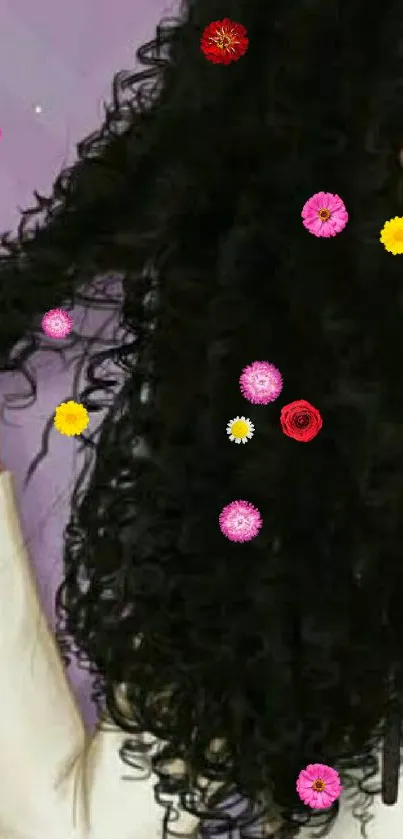 Curly black hair with colorful flowers on wallpaper.