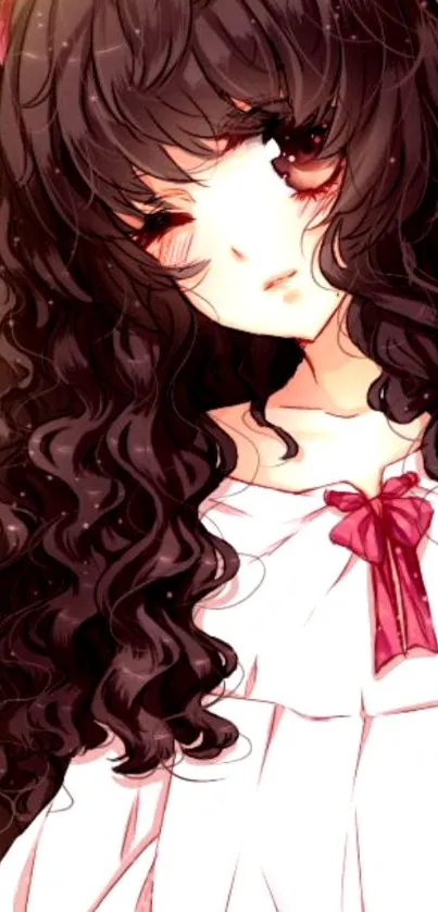 Anime girl with curly hair and pink bows in a charming art style.