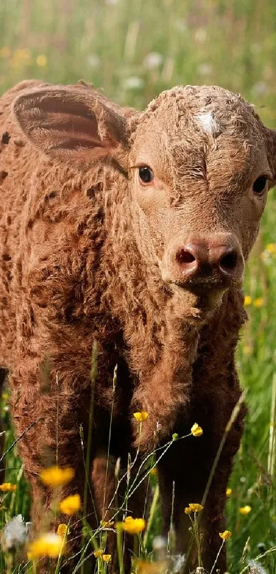 Curly-haired calf standing in a meadow with yellow flowers.