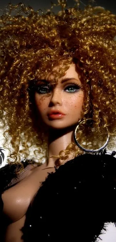 Captivating doll with curly hair and bold earrings in stylish attire.