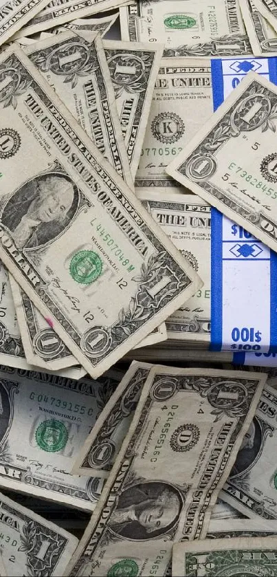 A wallpaper with a pile of US dollar bills for mobile screens.