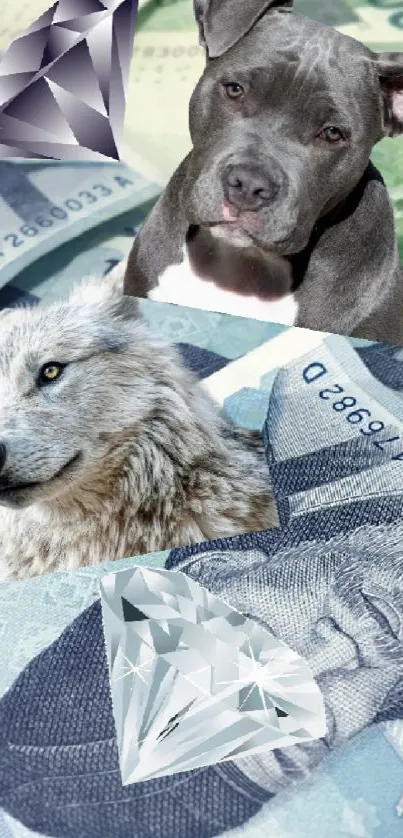 Fantasy wallpaper with animals on currency and diamond decorations.
