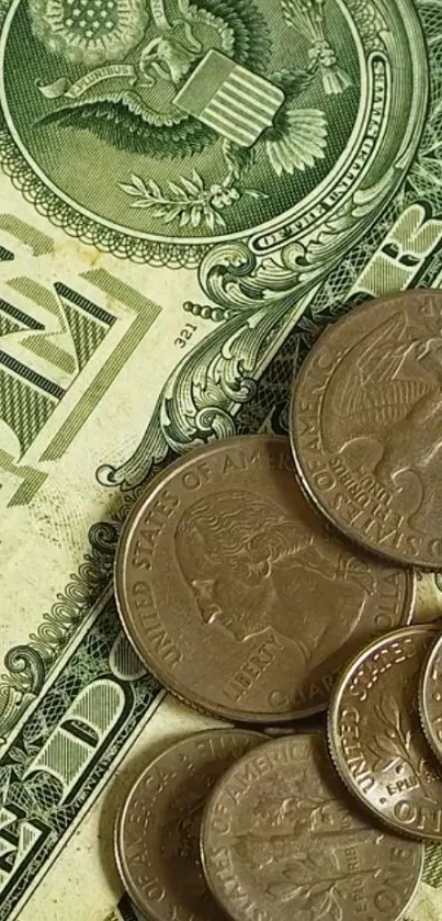 Close-up wallpaper of US dollar bills and coins, showcasing currency details.