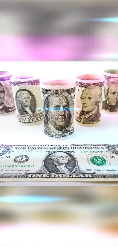 Rolled dollar bills and a one-dollar bill on a colorful background.