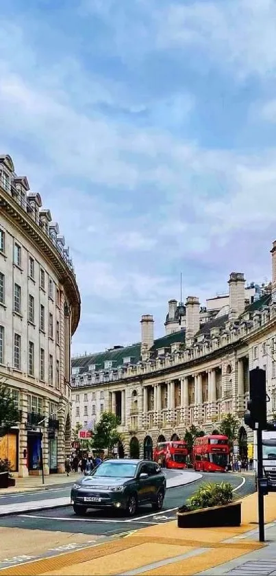 Curved London street with historic buildings and red buses.