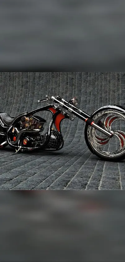 Custom motorcycle on textured pavement displaying detailed design.