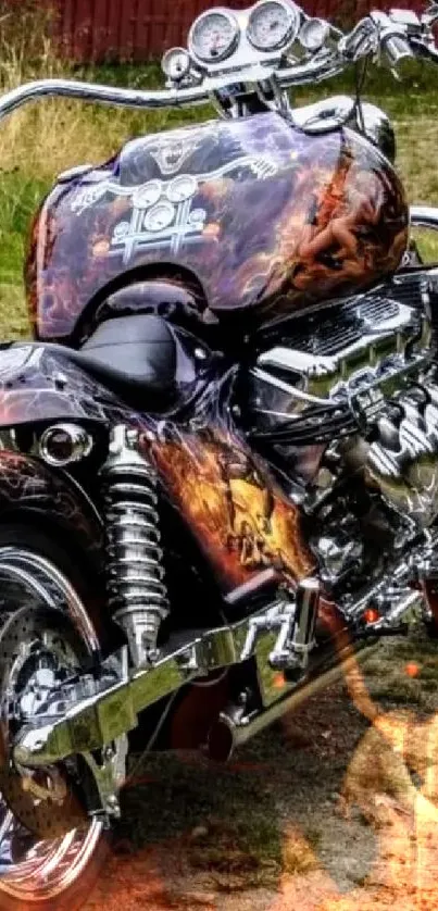 Custom motorcycle with flame design paint and chrome details.