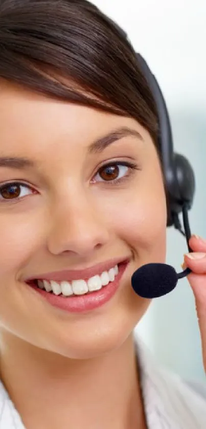 Smiling customer service representative with a headset on a light background.