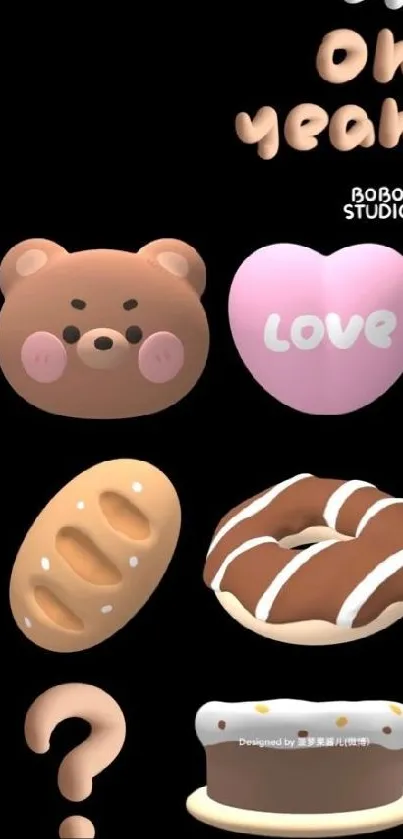 3D cartoon wallpaper with bear, heart, and desserts on black background.