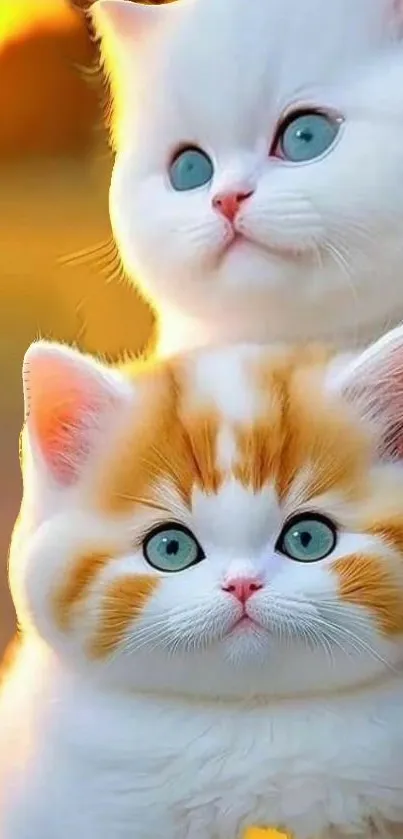 Adorable white and orange kittens with blue eyes in a sunny setting.